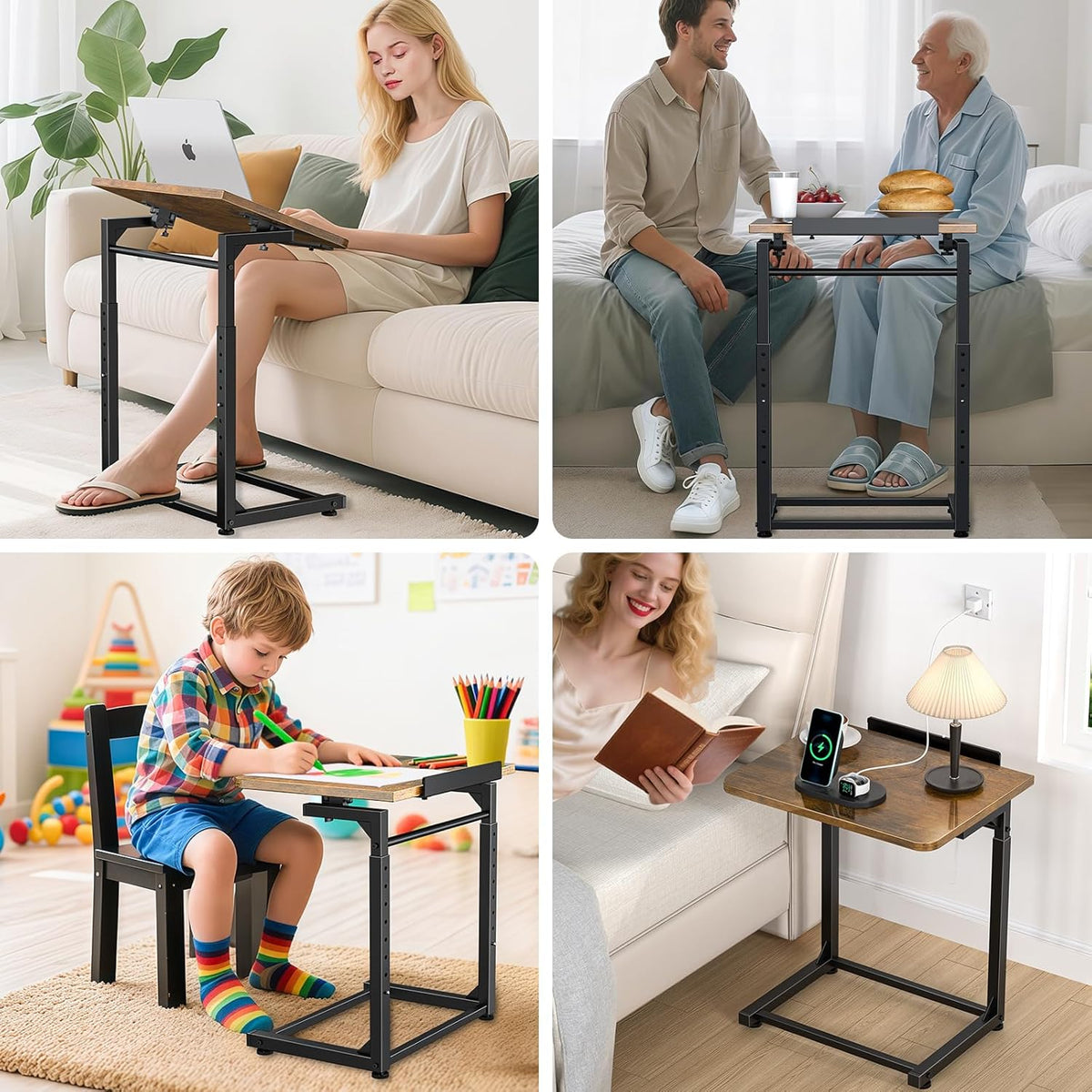 Tv Tray Table, 8-Level Adjustable Height Couch Side Table，90° Tilt Angle Adjustments C-Shaped End Table, with Phone & Tablet Slot Sofa Computer Desk for Couch, Sofa, Bed, Chair, Living Room (Brown)