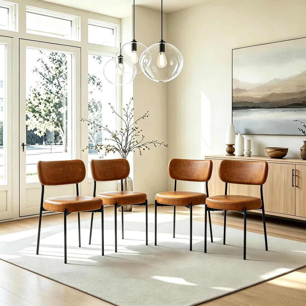 Brown Dining Chairs Set of 8 with Curved Back, Leather Dining Chairs with PU Soft Cushion Seat & Metal Legs, Comfortable Modern Chair for Kitchen, Living Room