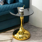 Luxury Round End Table Gold Metal Base 17.7inch Black Tempered Glass Top Modern Small Side Table Living Room Table Sofa Small Coffee Tables Cute Shape (Glod+Glass)