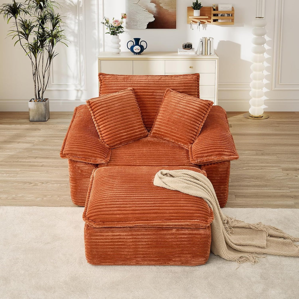Oversized Chaise Lounge Chair Indoor with Ottoman, Upholstered Corduroy Modern Sofa Chair, Deep Seat Comfy Reading Armchair, Sleeper Sectional Couch for Living Room/Bedroom(47.6"W, Orange)