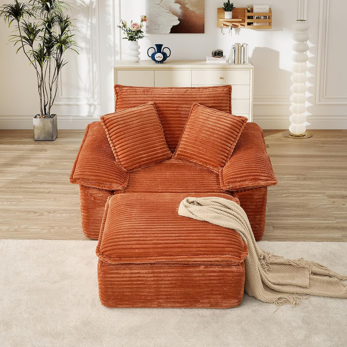 Oversized Chaise Lounge Chair Indoor with Ottoman, Upholstered Corduroy Modern Sofa Chair, Deep Seat Comfy Reading Armchair, Sleeper Sectional Couch for Living Room/Bedroom(47.6"W, Orange)