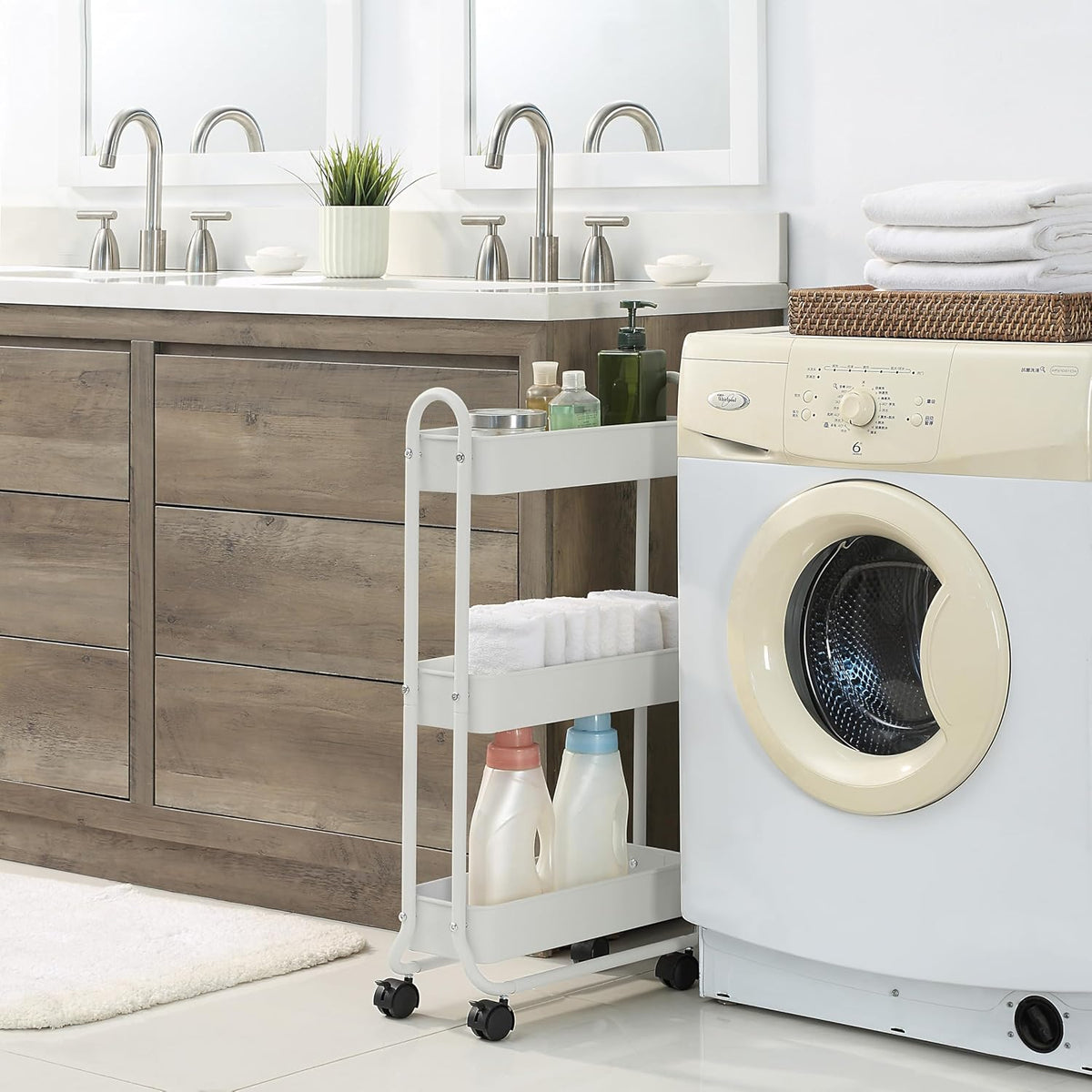 SunnyPoint Slim Rolling Storage Cart, 3 Tier Bathroom Storage Organizer Bathroom, Laundry Utility Cart (White)