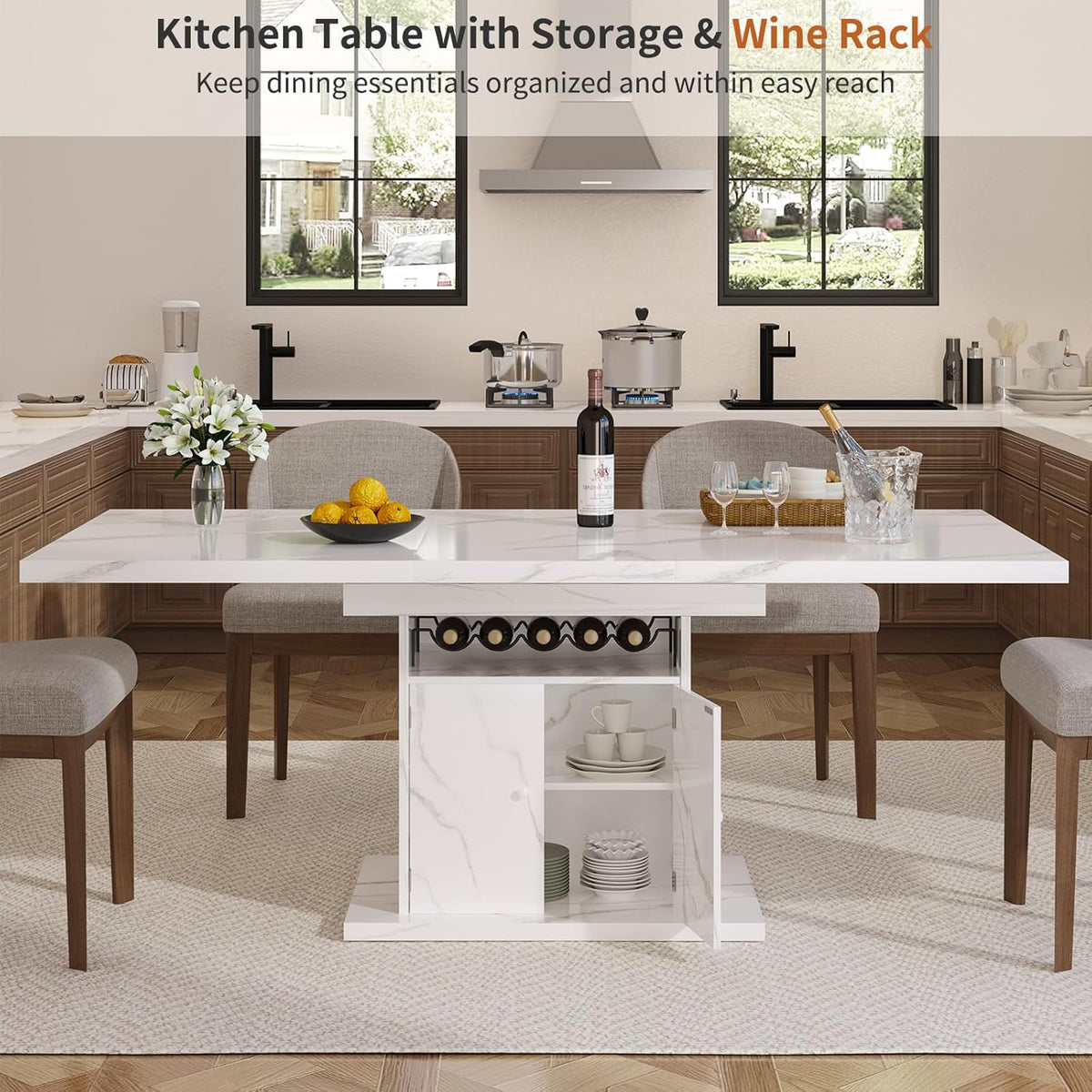 Extendable Dining Table for 4-6, 47-63in Expandable Kitchen Rectangle Dining Table with Removable Leaves, Modern Faux Marble Kitchen Table with Storage for Kitchen Living Room, White Faux Marble