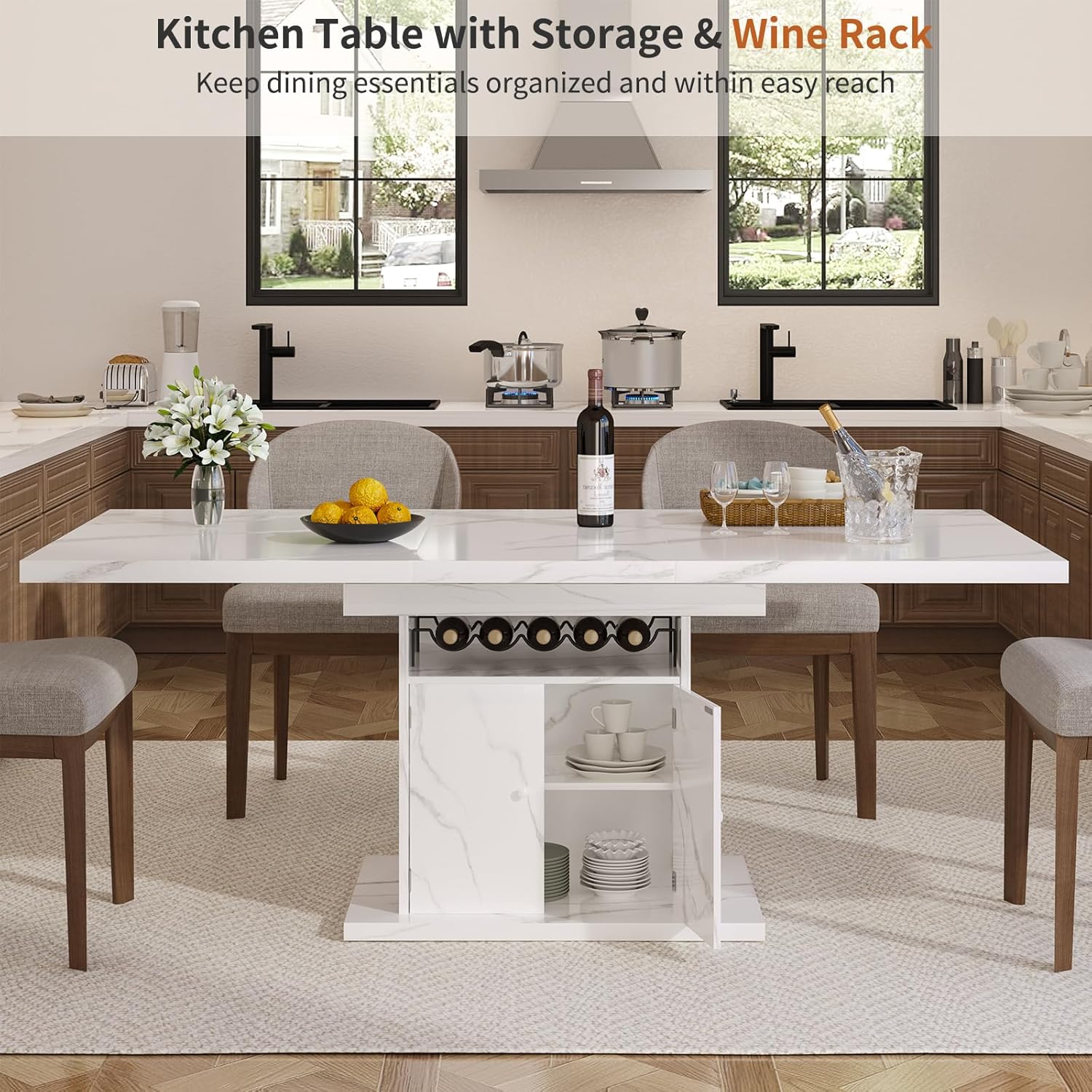 Extendable Dining Room Table for 4-6, 47-63 Inch Faux Marble Extendable Dining Table, Modern Expandable Rectangle Kitchen Dining Table with Storage for Kitchen Living Room