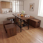 Extendable Breakfast Nook Table Set with Storage Benches & Stools, 6-Piece Corner Dining Table Set, Kitchen Nook Table Set with Glass Holder for Small Space, Indoor/Outdoor Use (Walnut(No Cushion))