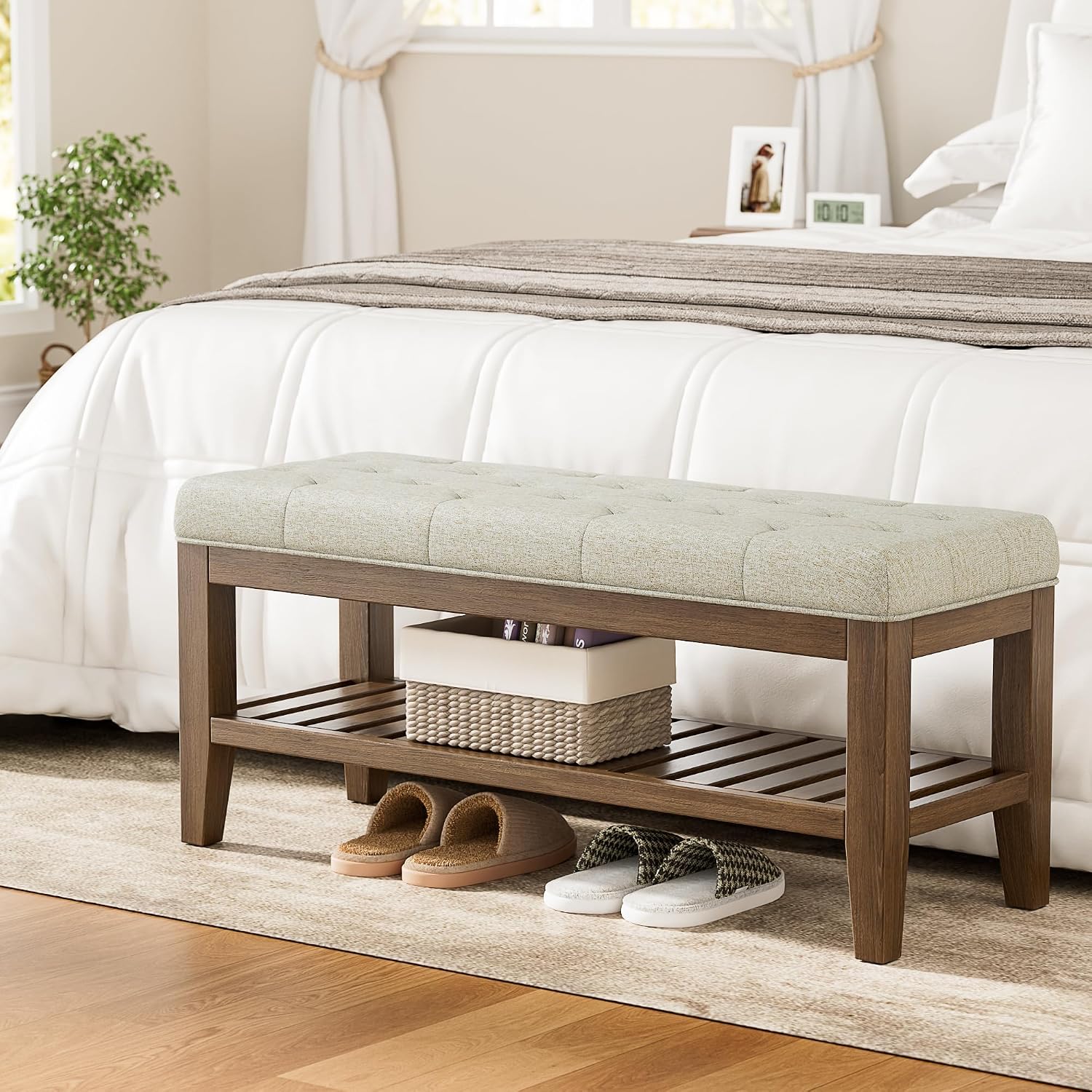 YaFiti End of Bed Storage Bench, 42.9" Entryway Shoe Bench with Solid Wood Shelf, Upholstered Ottoman with Padded Seat for Bedroom, Hallway and Living Room, Beige