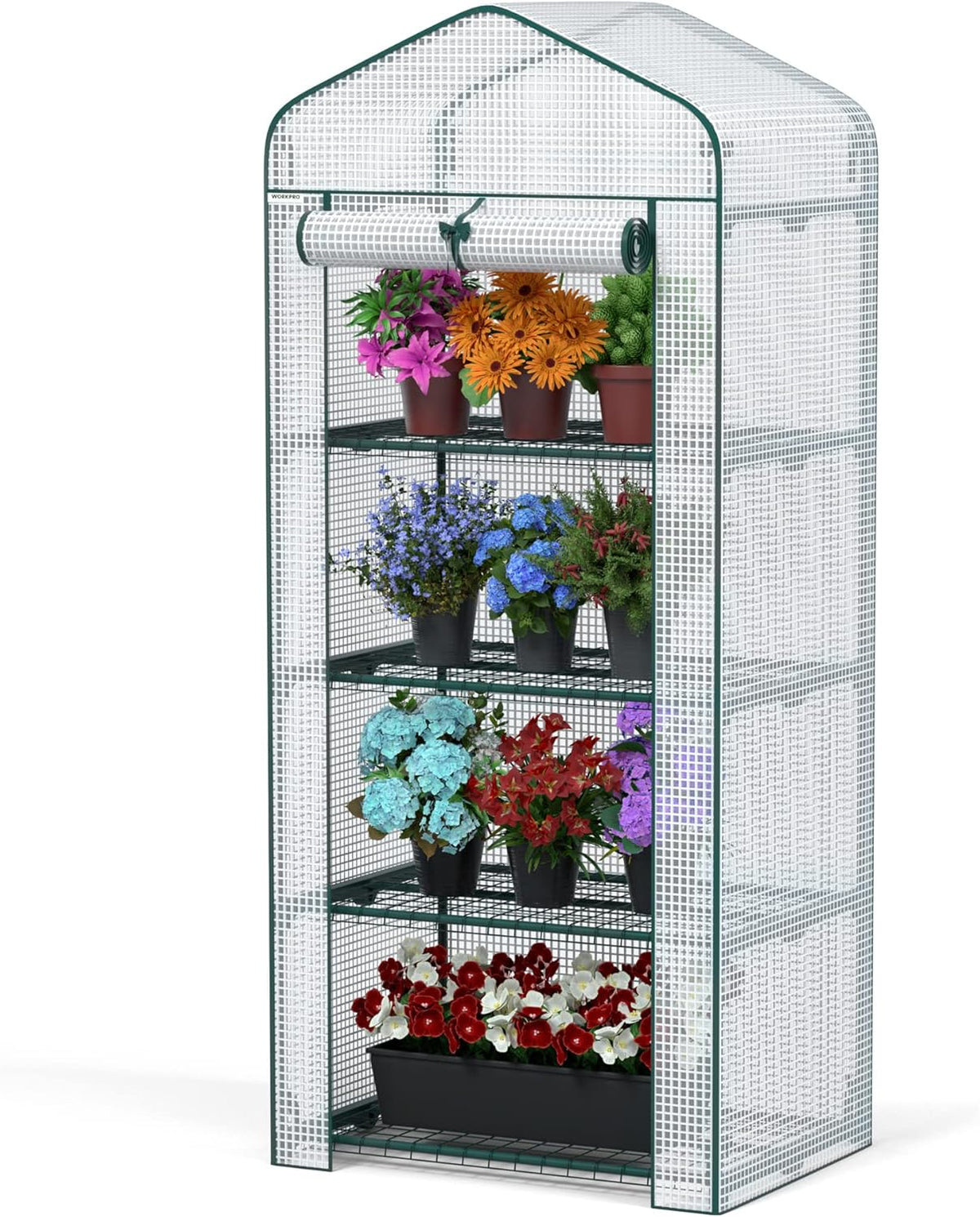 WORKPRO Mini Greenhouse, 4-Tier Portable Small Greenhouses for Outdoor Indoor with Shelves and Thicken PE Cover, White - 27" L x 19" W x 63" H, Ideal Gardening Gifts for Women Men