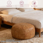 Thgonwid Unstuffed Moroccan Faux Leather Pouf Ottoman Cover with Storage - Boho Chic Multi-Use Footrest for Living Room, Bedroom, Patio - Round Ethnic Floor Cushion & Decorative Accent, Khaki