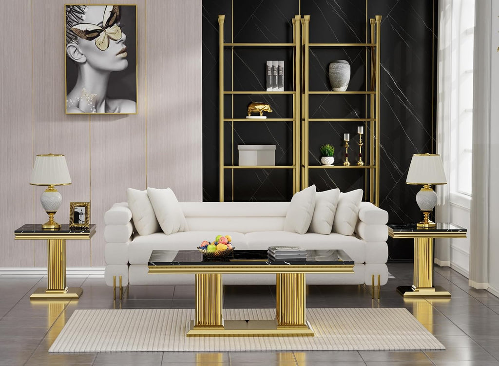 SSLine Square Faux Marble End Table for Living Room Mid-Century Black Marble Side Table with Mirrored Gold Column Frame Luxury End Table with Stainless Steel Pedestal Base