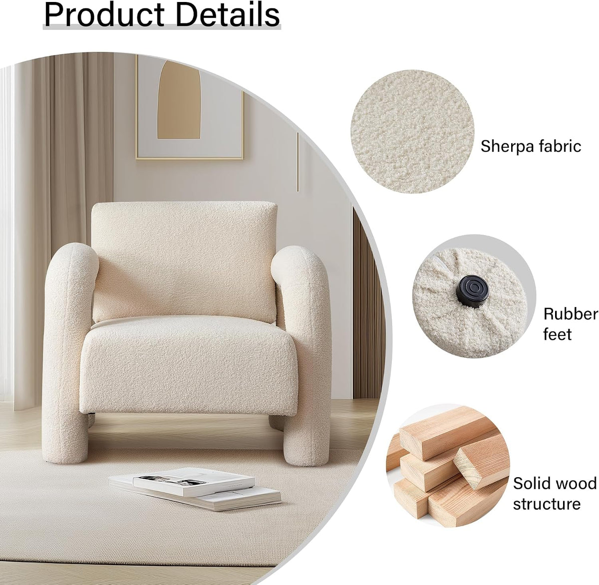 33.5" Modern Accent Chair, Velvet Single Sofa for Living Room,Comfy Arm Chair Leisure Armchair Single Sofa Chair with Curved Arm for Living Room, Apartment,Bedroom,Beige