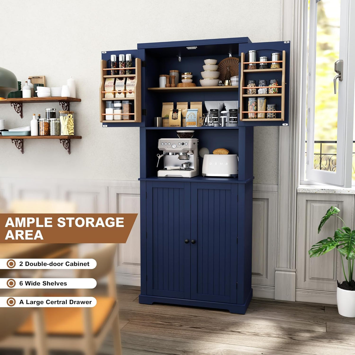 HLR 72" Freestanding Beadboard Pantry Cabinet with Microwave Shelf | Multi‑Purpose Tall Microwave Stand with Storage, Space‑Saving Design Cabinet for Kitchen or Living Room, Navy Blue