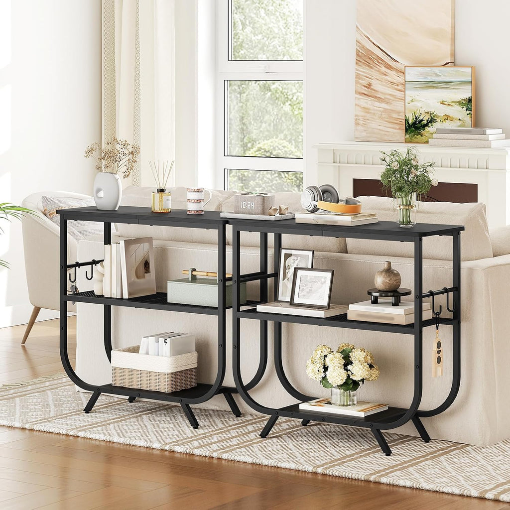 HOOBRO 3 Tier Small Console Table, 31.5" Entryway Table with Storage Shelf, Narrow Sofa Table, Behind Couch Table, Hallway Table with S-Hooks, for Living Room, Black BB63XG01