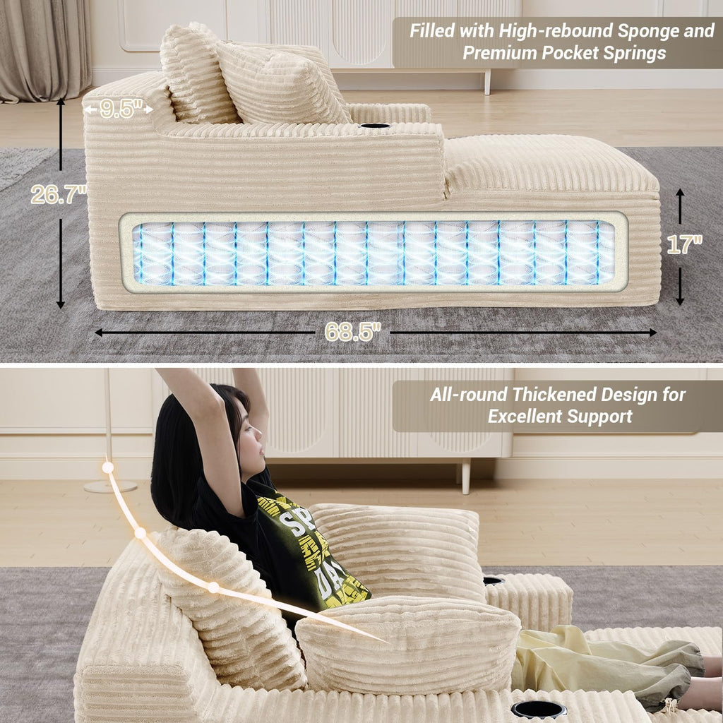 50" x 68" Corduroy Chaise Lounge, Cup Holders, Beige | Oversized corduroy chaise with a deep sleeper seat, built-in cup holders, and 3 pillows for reading, lounging, or naps.