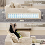 50" x 68" Corduroy Chaise Lounge, Cup Holders, Beige | Oversized corduroy chaise with a deep sleeper seat, built-in cup holders, and 3 pillows for reading, lounging, or naps.