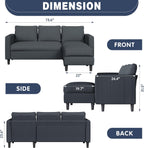 Shintenchi Small Convertible Sectional Couch with Movable Ottoman, 3 Seat L Shaped Sofa with Corduroy, Upholstered Sectional Sofa, Small Couches for Living Room, Apartments, Office (Dark Grey)