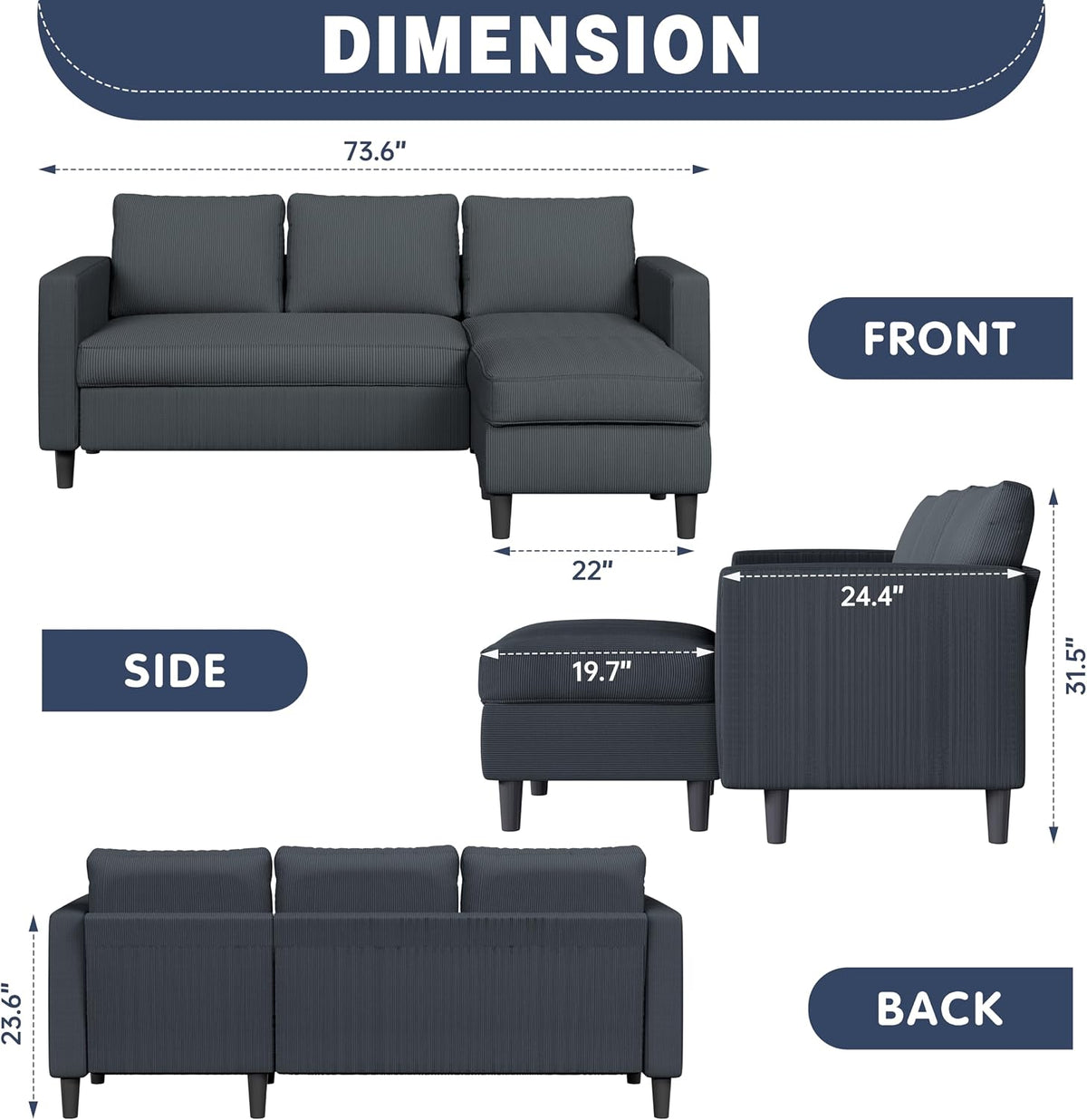 Shintenchi Small Convertible Sectional Couch with Movable Ottoman, 3 Seat L Shaped Sofa with Corduroy, Upholstered Sectional Sofa, Small Couches for Living Room, Apartments, Office (Dark Grey)