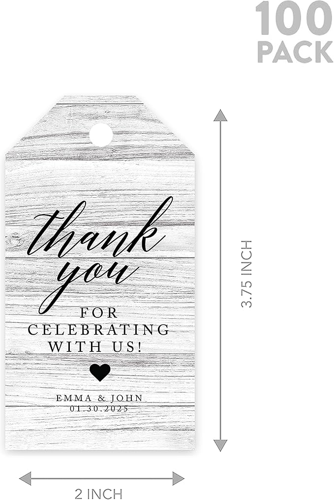 Andaz Press 100-Pack Personalized Thank You Tags with Bakers Twine - Gray Rustic Wood Custom Cardstock Wedding Gift Tags - 2 x 3.75-Inches