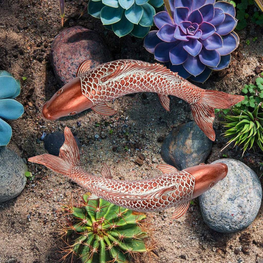 Garden Statues Koi Fish Decor Outdoor Garden Fish Statues, Set of 2 Antique Copper Koi Art Sculptures for Patio, Backyard, Pond and Home Decor for Women Mom