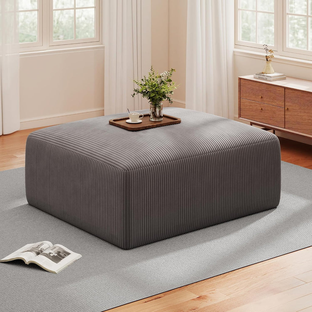 40" Oversized Square Corduroy Ottoman, Large Ottoman Pouf Footstool, Grey | Poofy Soft Foot Rest, Movable Pouf Ottoman, Floor Ottoman, Foam Chunk Filling, Living Room Sofa Couch Bedroom, 1 Piece