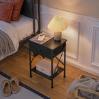 VECELO Nightstand Set of 2, X-Design End Side Table with Fabric Storage Drawer and Open Shelf, Bedside Night Stand with Steel Frame for Bedroom, Living Room,Dorm, Easy Assembly, Black