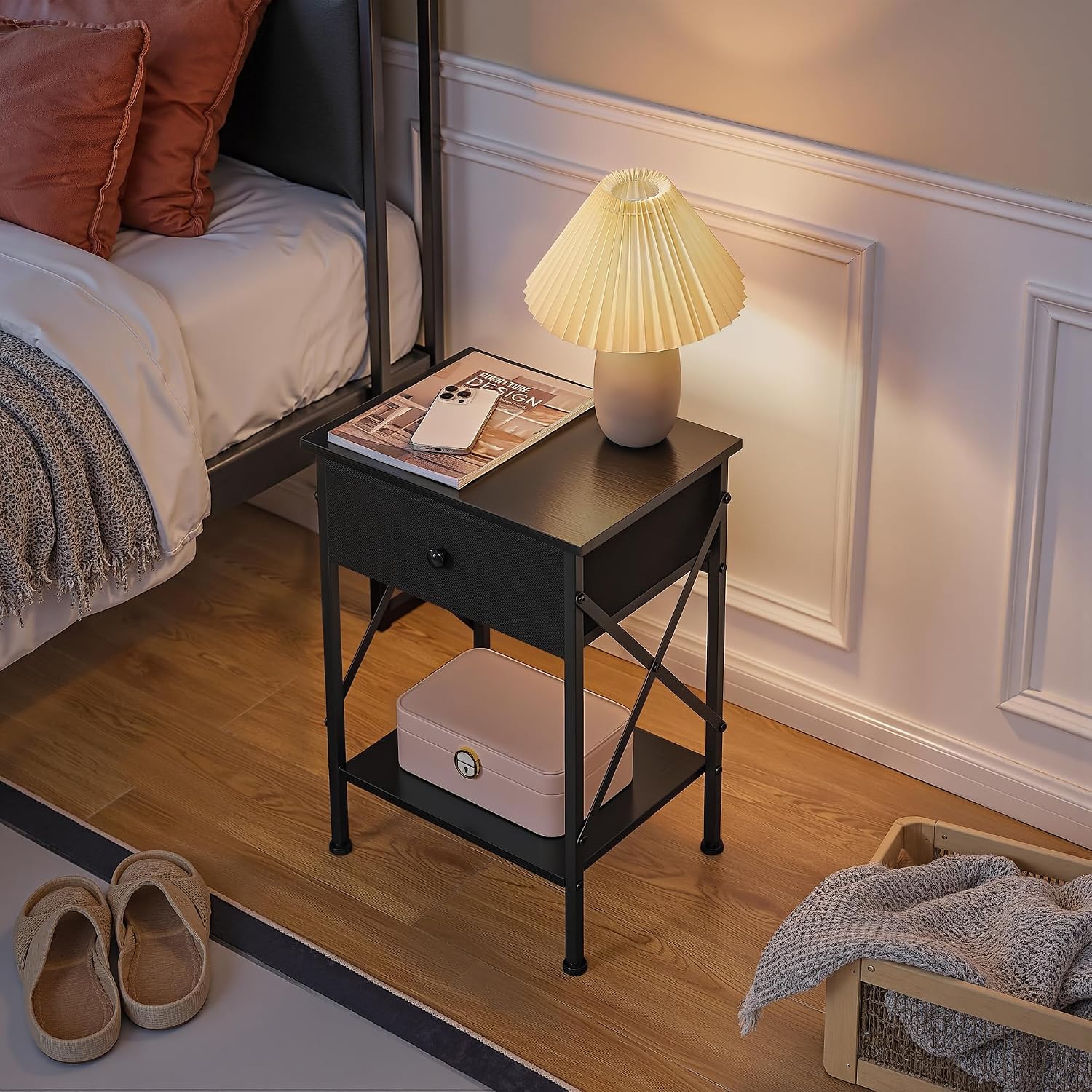 VECELO Nightstand Set of 2, X-Design End Side Table with Fabric Storage Drawer and Open Shelf, Bedside Night Stand with Steel Frame for Bedroom, Living Room,Dorm, Easy Assembly, Black