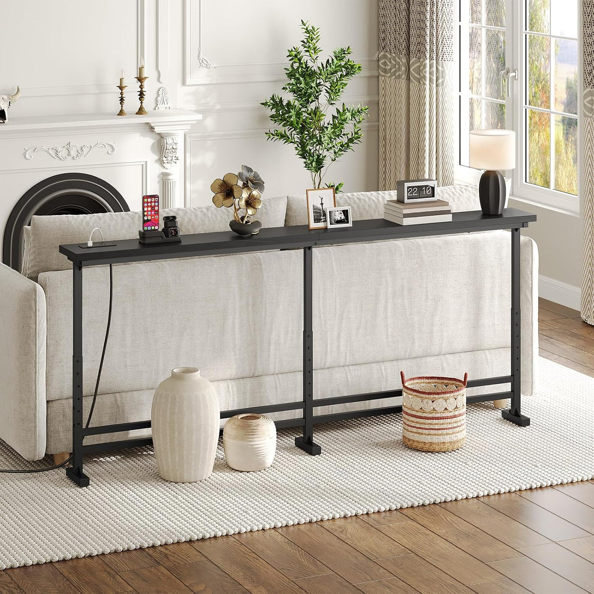 YATINEY 78.7" Console Table with Adjustable Height (27.6"-35.4") and Power Outlet, Skinny Behind Couch Table, Narrow Long Sofa Table for Living Room, Hallway, Entryway, Black CT09UBB