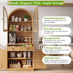 KEIKI 75 Inch Farmhouse Pantry Cabinet with Charging Station, Tall Arched Coffee Bar Cabinet with Adjustable Shelves & Drawer, Freestanding Storage Sideboard for Kitchen Dining Room Living Room, Oak