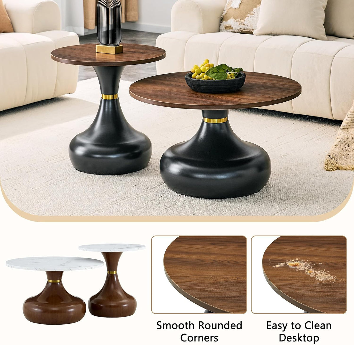 Nesting Coffee Table Set of 2, Modern Rustic Round Wood Center Table Set | French Luxury Circle Tea Table Set with Pedestal Base for Living Room, Apartment, Bedroom, Reception Room, Black and Walnut