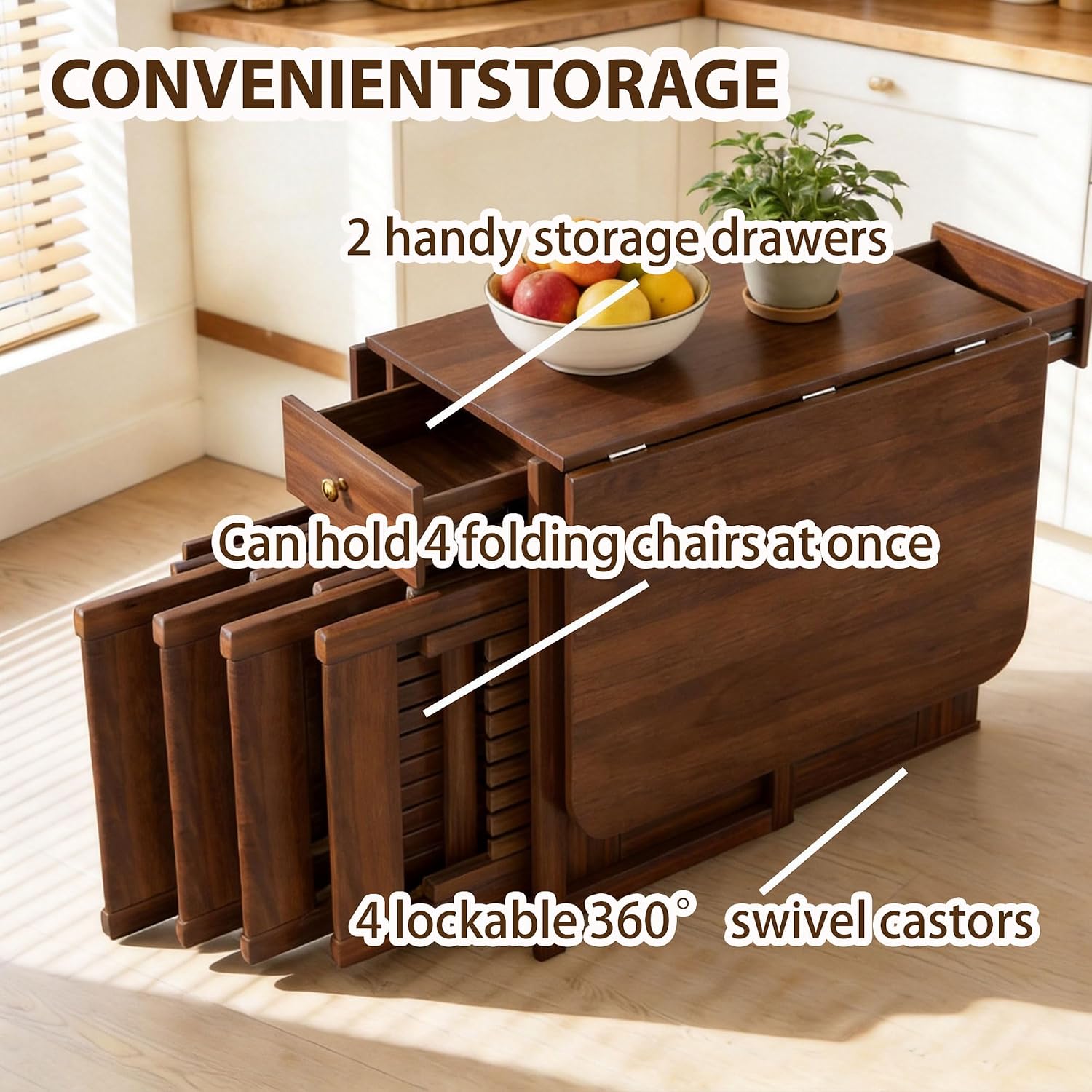 Small Drop Leaf Table - Folding Dining Table Set for 6 with 6 Foldable Chairs Inside, Fully Assembled Solid Wood Space-Saving Kitchen Table and Chairs Set with Storage & Lockable Wheels, Walnut, 59"