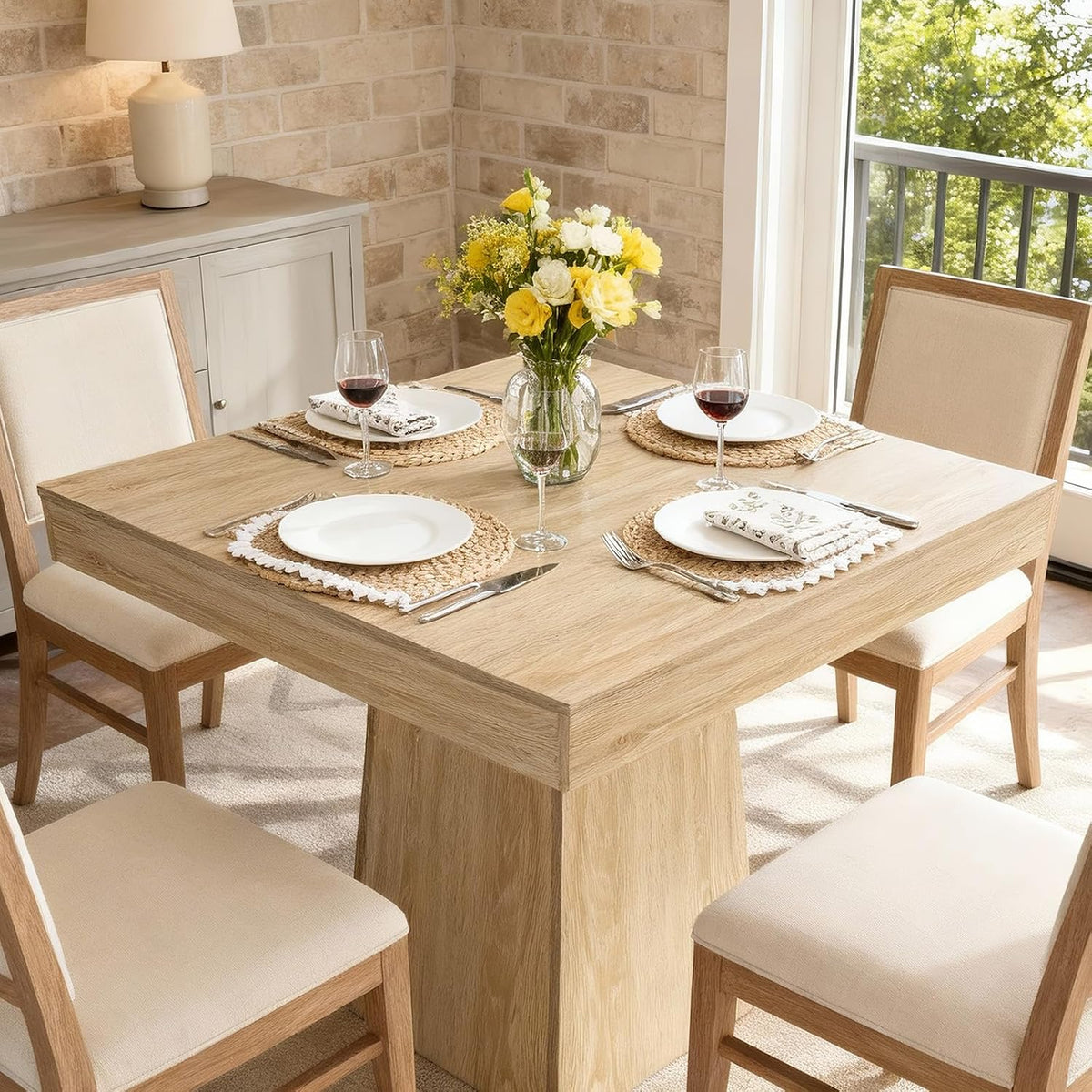 Space-Saving Square Dining Table for 4 – Modern Farmhouse Style with Wooden Pedestal Base – 31.5" Compact Table Ideal for Dining Room, Living Room, Apartment – Natural Wood Color YS042 Matte Surface