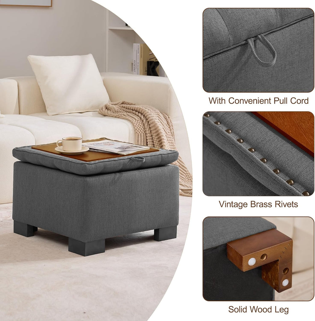 WUTUTUEE 24" Fabric Square Storage Ottoman with Wooden Tray, Modern Tufted Button Footstool Coffee Table, Upholstered Small Ottoman for Living Room, Bedroom, Dark Gray