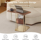 LOVEDIMA C-Shaped Walnut & Gold Rotating Side Table with Storage - 360° Swivel Top,Built-in Magazine Rack,Modern End Table for Sofa/Bedside