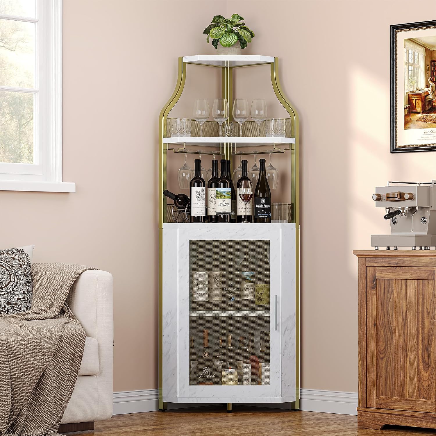 GarveeHome Corner Wine Cabinet with Detachable Wine Rack, 5-Tier Industrial Corner Bar Cabinet with Barn Door and Glass Holder, Farmhouse Buffet Cabinet and Home Bar, Gold