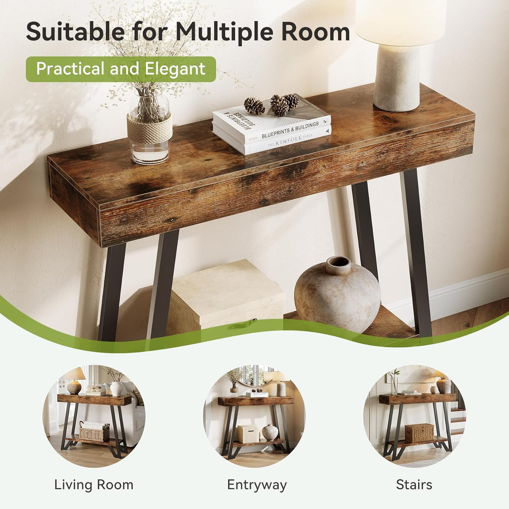 LITTLE TREE 41-Inch Console Table with Geometric Metal Frame, Rustic Brown, Entryway Tables, Storage Shelves, 2-Tier, Industrial, Hallway Sofa Table, Accent Table, Living Room
