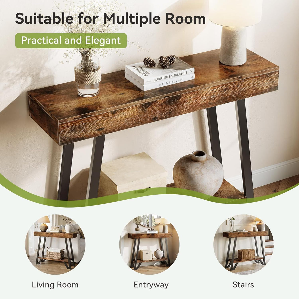 LITTLE TREE 41-Inch Console Table with Geometric Metal Frame, Rustic Brown, Entryway Tables, Storage Shelves, 2-Tier, Industrial, Hallway Sofa Table, Accent Table, Living Room