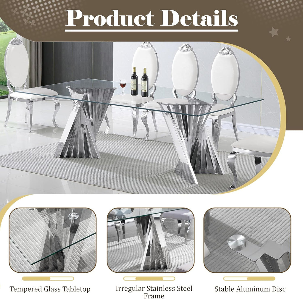 94" Glass Dining Table for 8-10, Large Luxury Kitchen Table with Tempered Glass Minimalist Tabletop and Silver Stainless Steel Pedestal for Dining Room (Table Only)