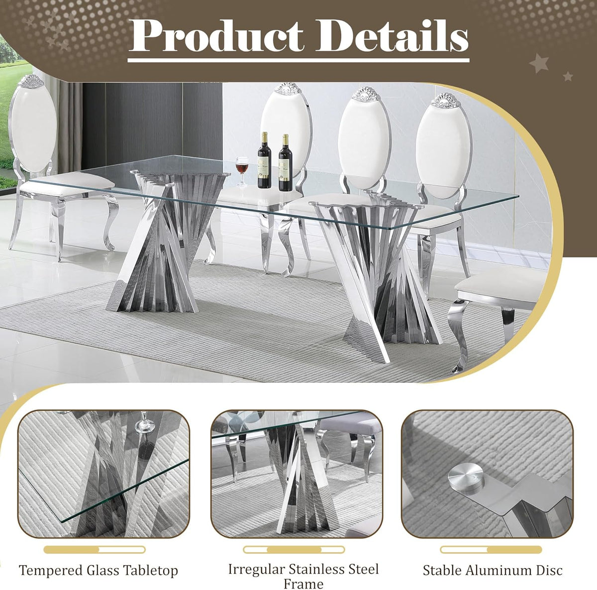 94" Glass Dining Table for 8-10, Large Luxury Kitchen Table with Tempered Glass Minimalist Tabletop and Silver Stainless Steel Pedestal for Dining Room (Table Only)