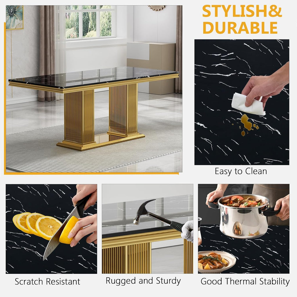 Black Marble Dining Table Set for 6,68 inch Black Marble Table with Golden Double Column Stainless Steel Base, Faux Marble Kitchen Table and Velvet Chairs Set of 6, Dining Room Table Set for 6