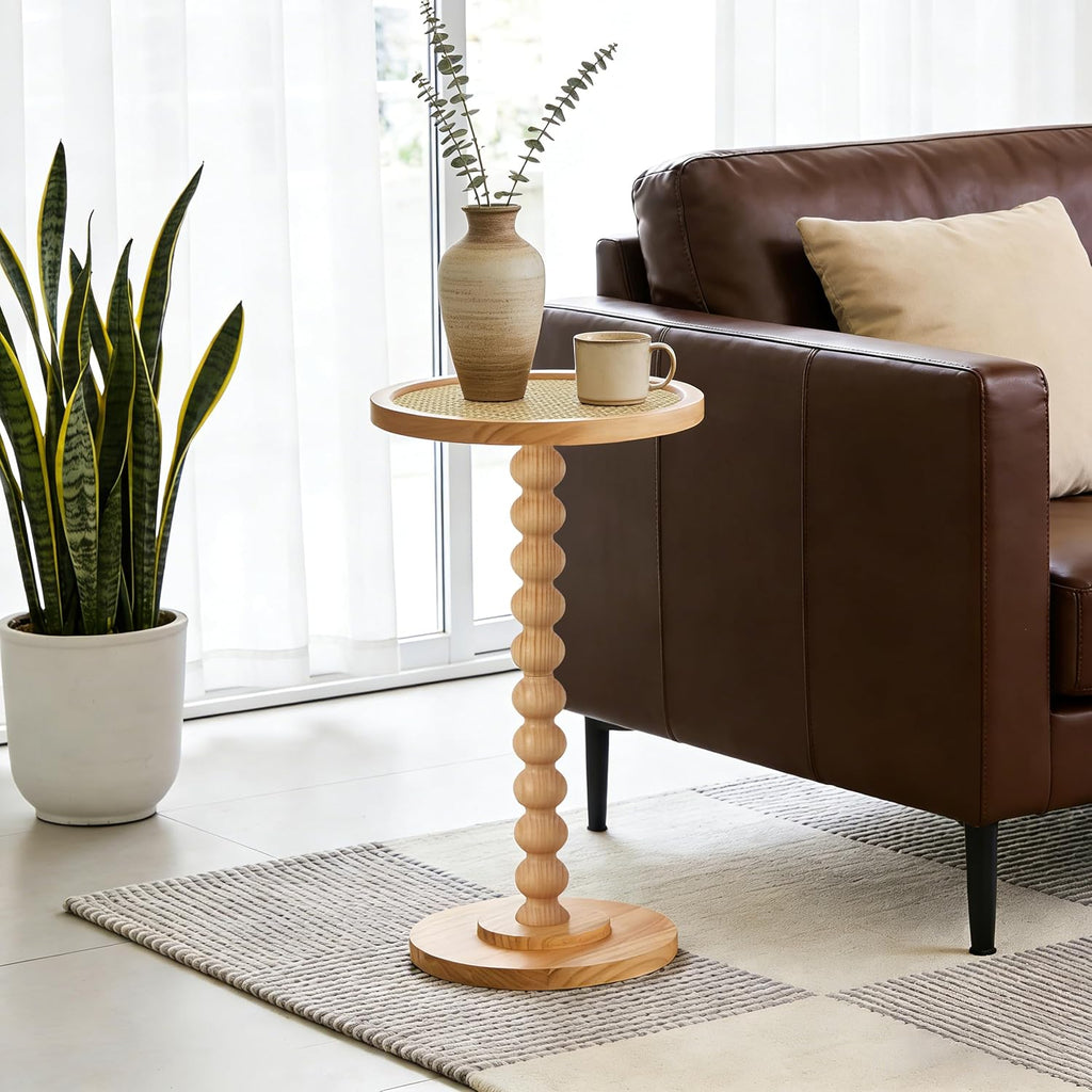 COVLON Solid Wood Drink Table, Small Pedestal Side Table for Small Spaces, Round Rattan Accent End Table Nightstand with Decorative Ball Legs for Living Room, Bedroom, Office, Corners