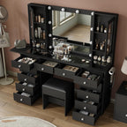 Yanosaku 55''W Makeup Vanity Desk with Mirror and Lights, 12 Drawers, Black | 3 Lighting Modes, Power Outlet, Glass Top, 2 Cabinets, Fold-up Panel, Vanity Stool Included, Fits Bedroom Dressing Room