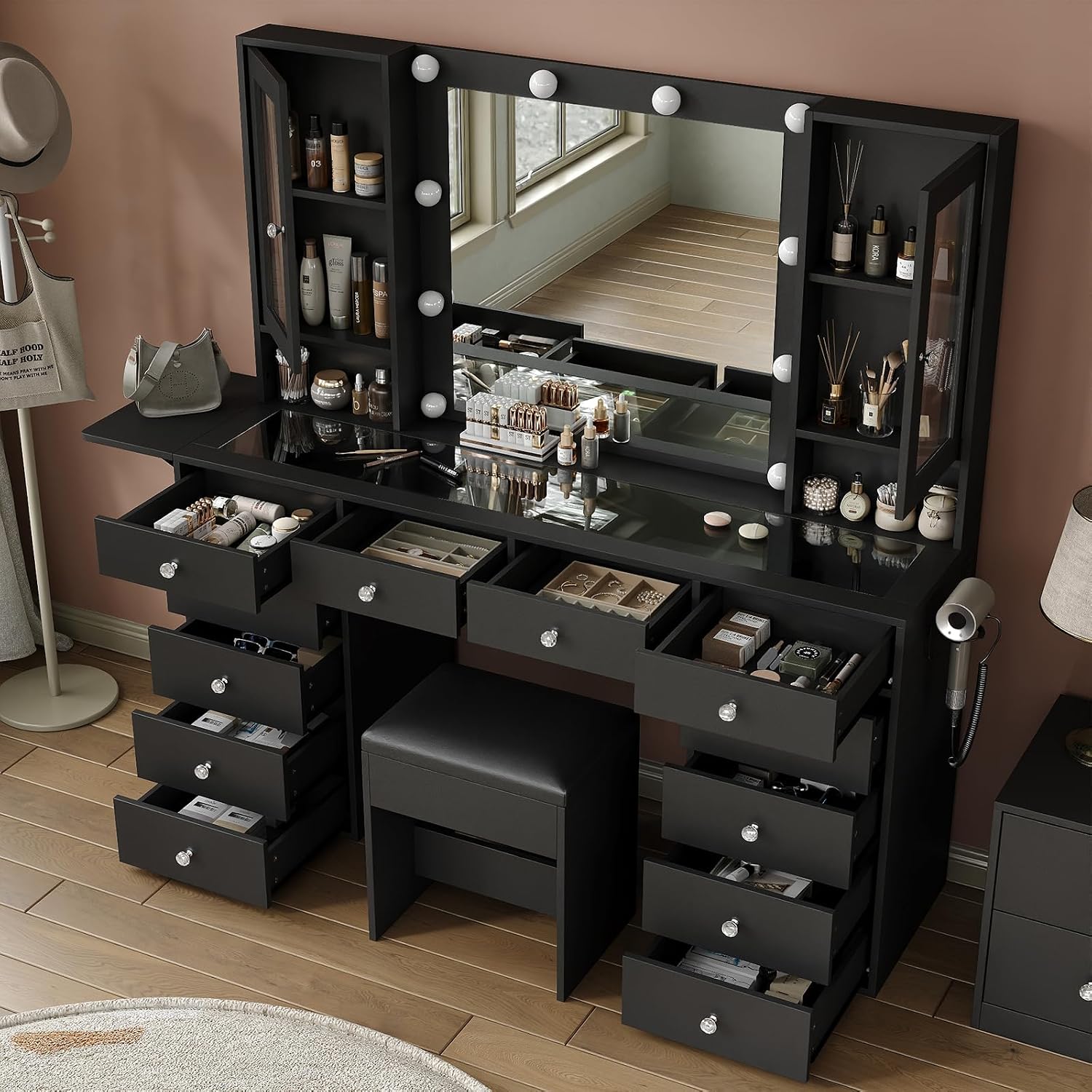 Yanosaku 55''W Makeup Vanity Desk with Mirror and Lights, 12 Drawers, Black | 3 Lighting Modes, Power Outlet, Glass Top, 2 Cabinets, Fold-up Panel, Vanity Stool Included, Fits Bedroom Dressing Room