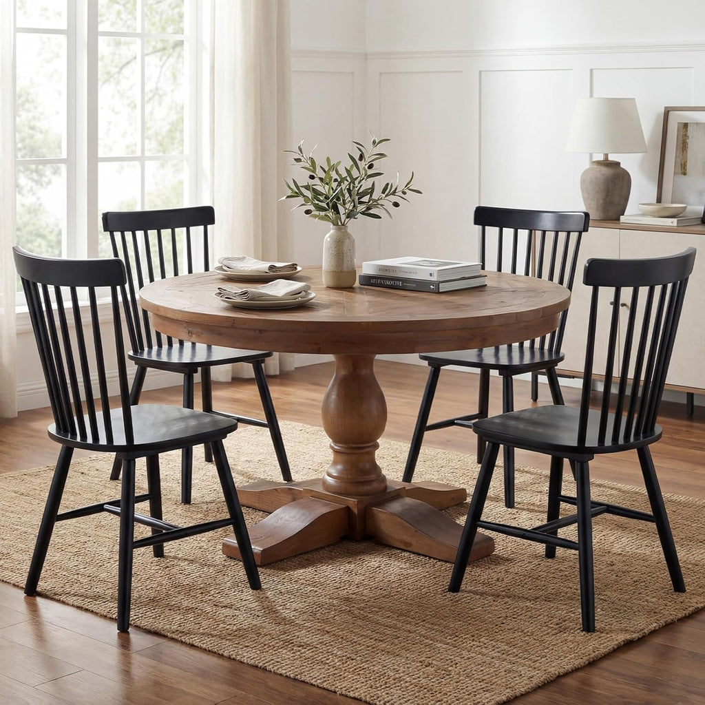 60" Round Dining Table, Reclaimed Wood Kitchen Table for 6-8, Farmhouse Circle Kitchen Table with Pedestal Curved Leg for Kitchen Dining Room Restaurant - Walnut