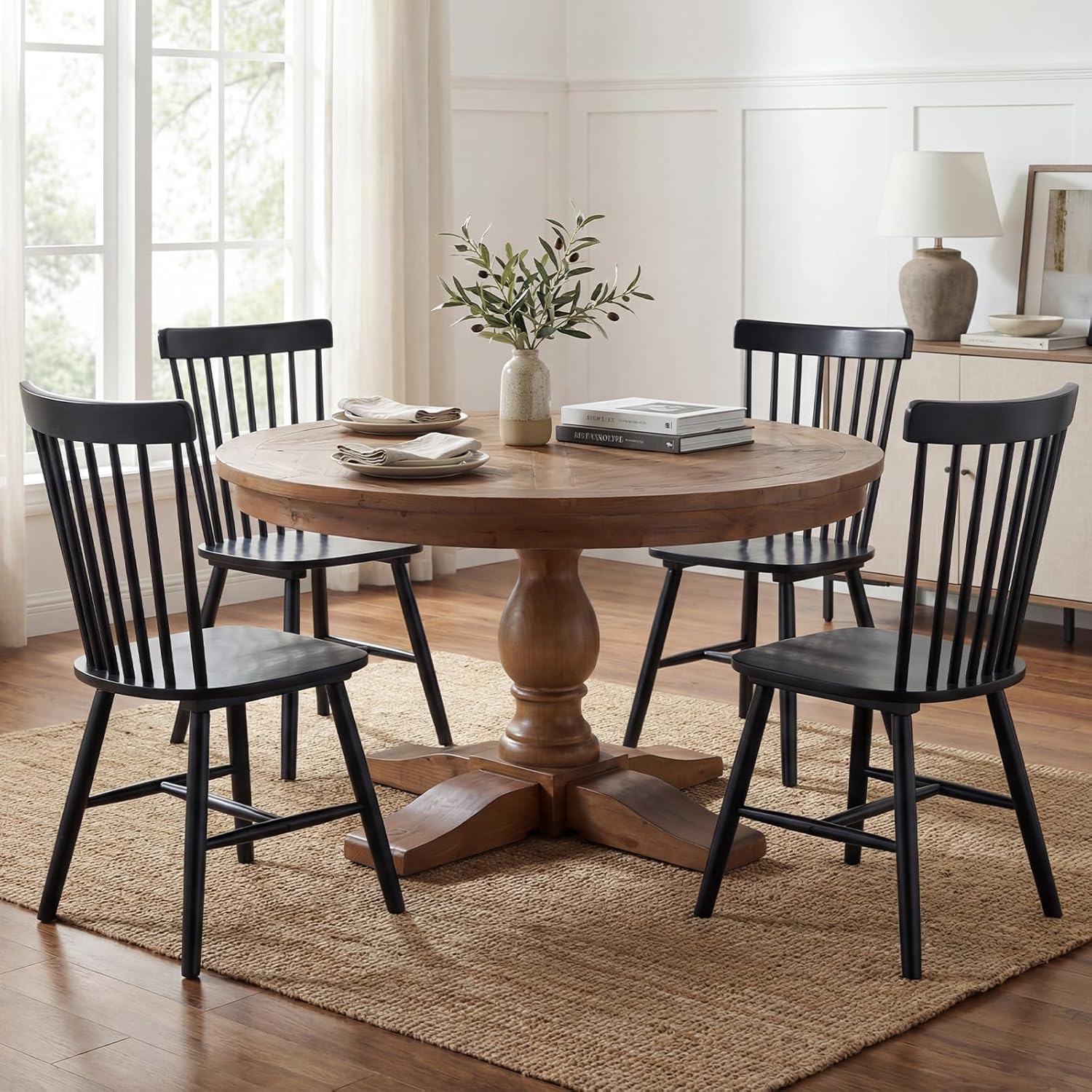 60" Round Dining Table, Reclaimed Wood Kitchen Table for 6-8, Farmhouse Circle Kitchen Table with Pedestal Curved Leg for Kitchen Dining Room Restaurant - Walnut