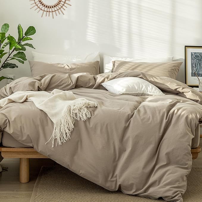 MooMee Bedding Duvet Cover Set 100% Washed Cotton Linen Like Textured Breathable Durable Soft Comfy (Solid Mocha Brown, Cal King 104"x98")
