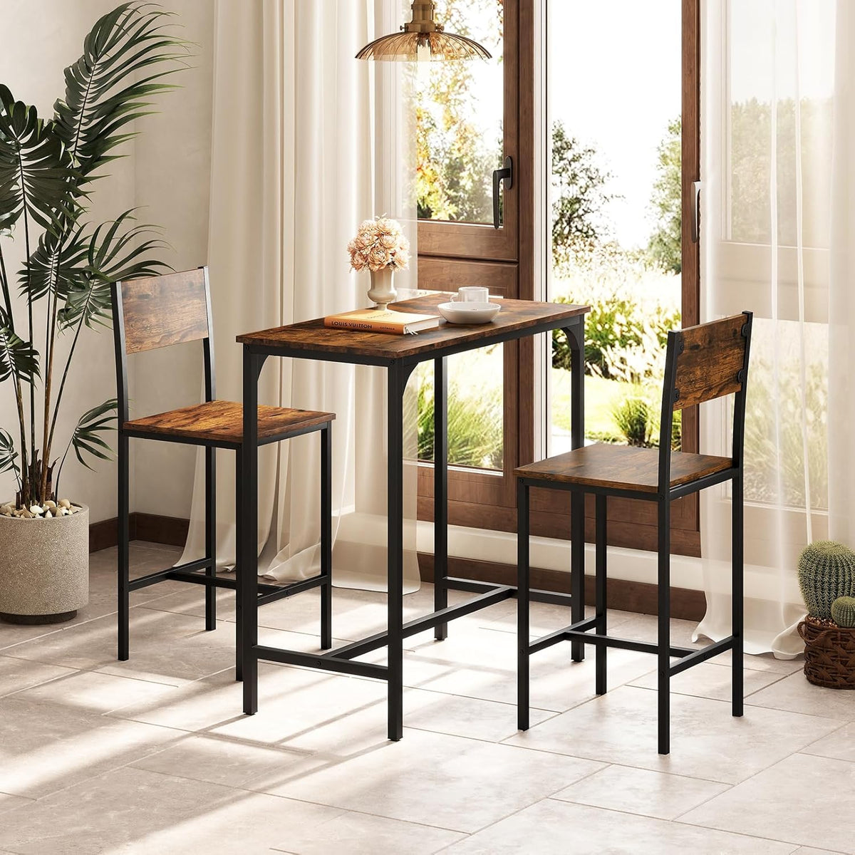 GIANTEX 3-Piece Bar Table and Chair Set with 2 Counter Height Bar Stools, Breakfast Nook Table Set for Small Space, Dinette, Pub, Kitchen, Apartment, Restaurant, Dining Table Set for 2 (Brown)