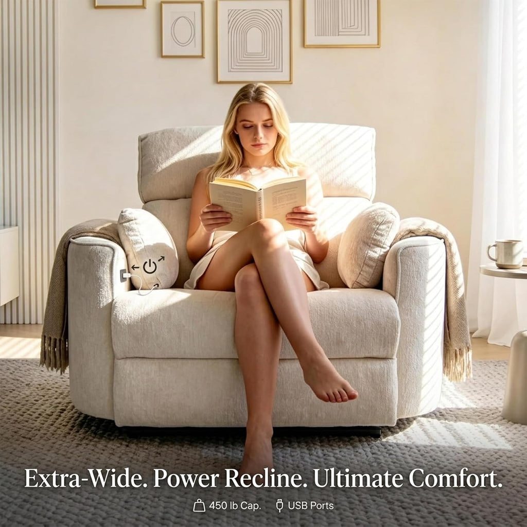 450lbs Oversized Power Recliner Chair for Big and Tall Adults, 52" Extra Wide Electric Recliner with USB & Type-C Ports, Chenille Fabric Single Sofa Chair for Living Room & Bedroom (Beige)