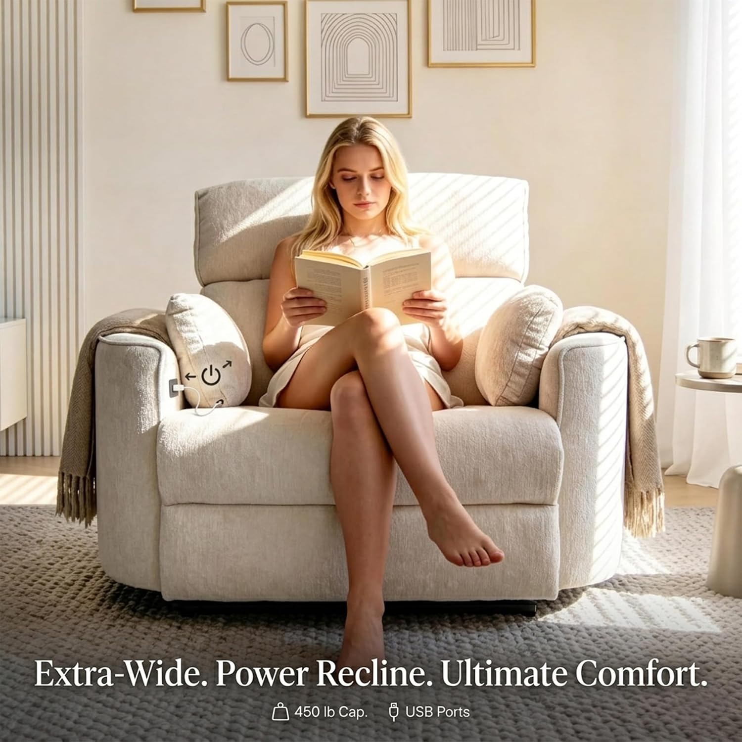 450lbs Oversized Power Recliner Chair for Big and Tall Adults, 52" Extra Wide Electric Recliner with USB & Type-C Ports, Chenille Fabric Single Sofa Chair for Living Room & Bedroom (Beige)
