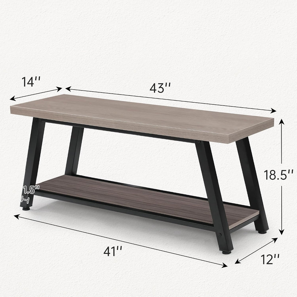 43" Wood Long Modern Farmhouse Entryway Bench, Wood Bedroom End of BedBench, Vintage Mid Century Rustic Style, Perfect for Mudroom, Storage, Living Room, Light Grey
