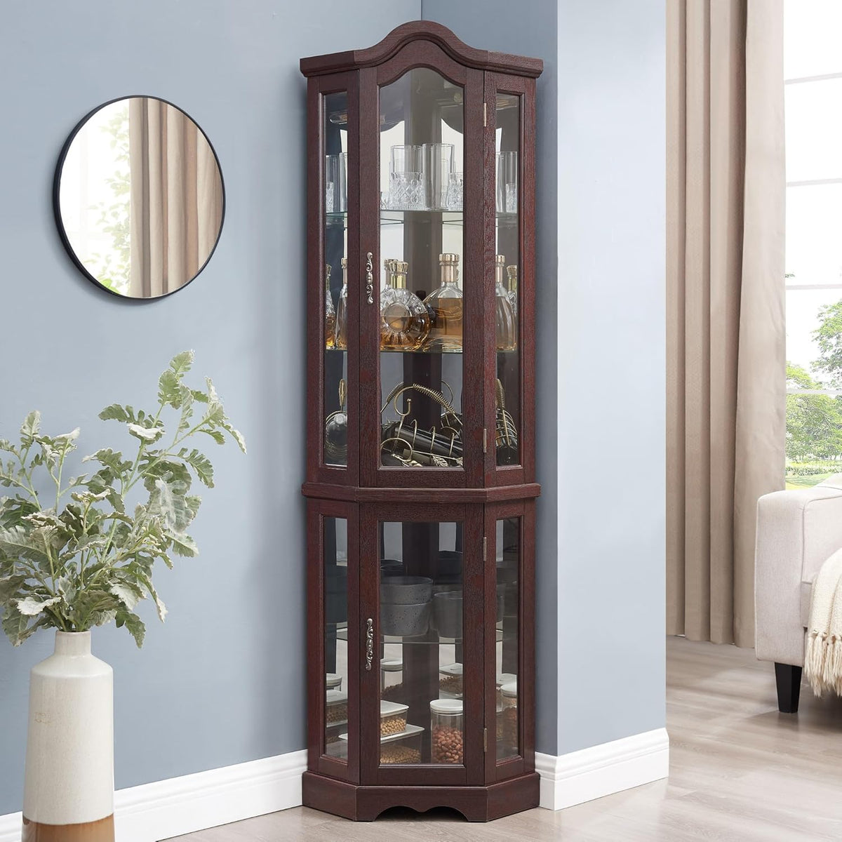 70" Lighted Corner Curio Cabinet,Inside Mirror Corner Glass Display Case with Tempered Glass Door for Living Room, Antique Collectibles, Wine & Bar Glass Storage, Lights Included