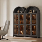 SICOTAS 74" Arched Display Cabinet with Glass Doors Set of 2, Dark Grey Oak